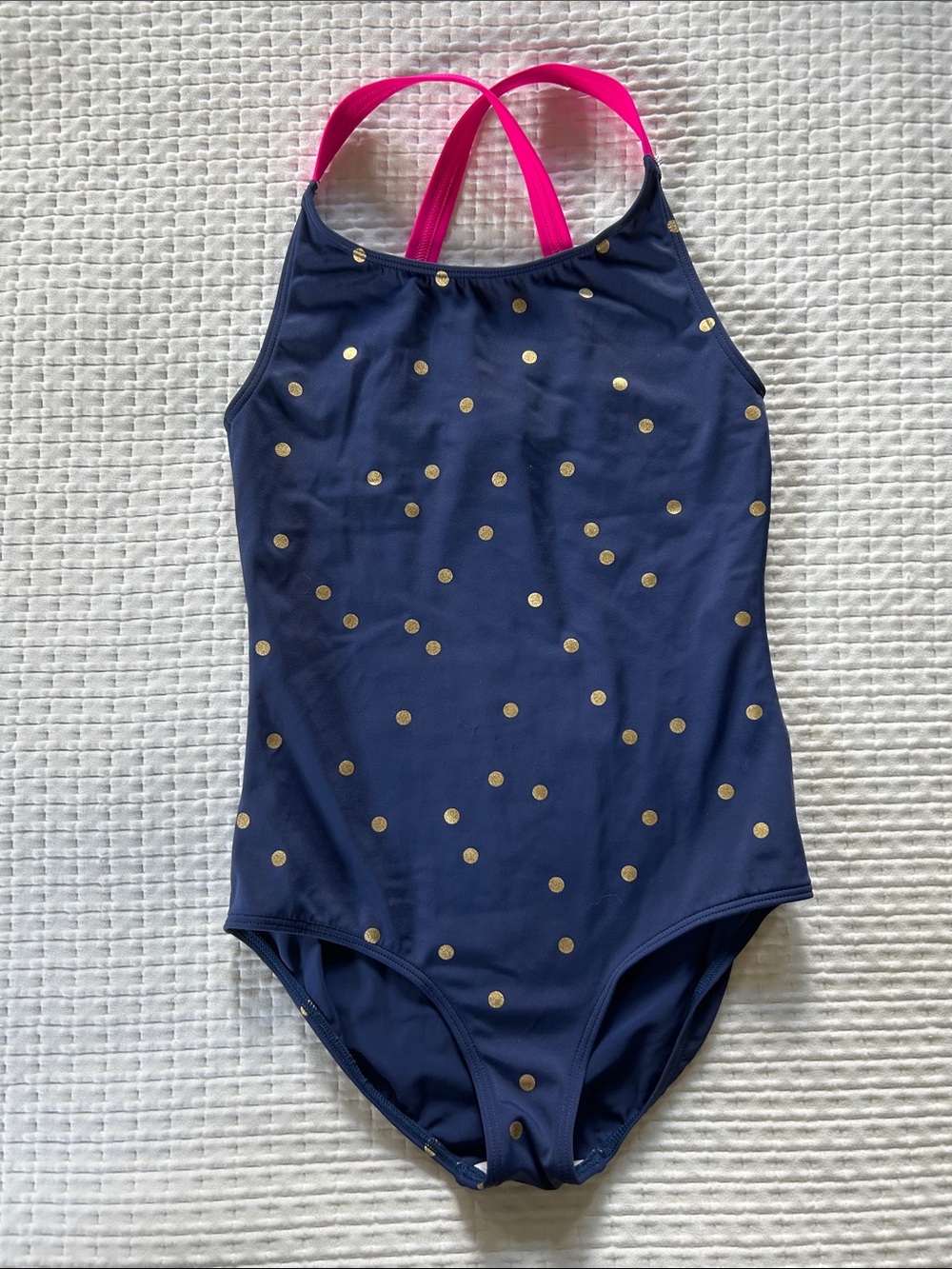 Boden Navy One-Piece Swimsuit w/ Gold Polka Dots and Pink Straps Size 9-10